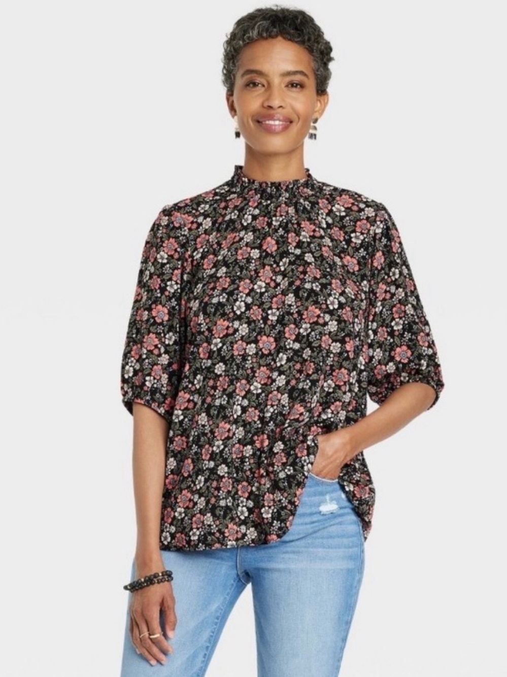 Knox Rose Black Floral Mock Neck Blouse with Pink and Cream Flowers NWT SZ S.